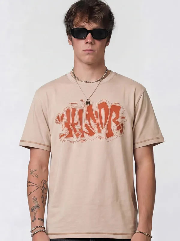 Highlander Men Beige Embroidered Round Neck T-Shirt