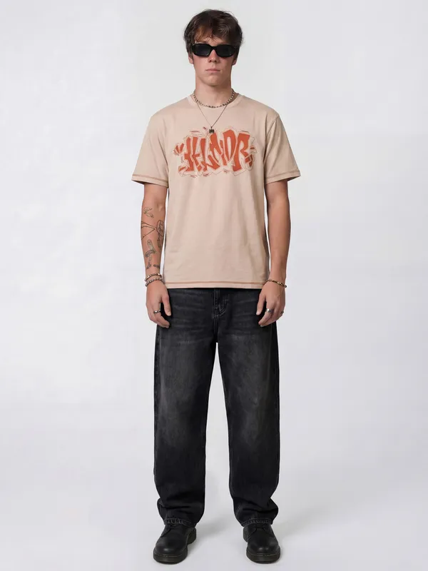 Highlander Men Beige Embroidered Round Neck T-Shirt