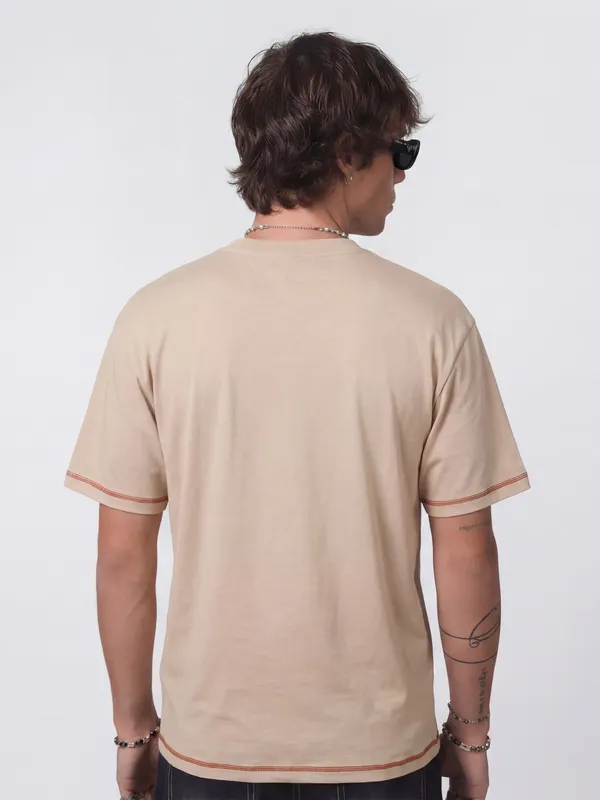 Highlander Men Beige Embroidered Round Neck T-Shirt