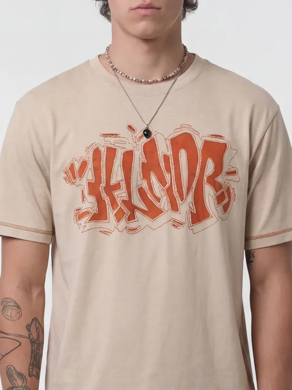 Highlander Men Beige Embroidered Round Neck T-Shirt