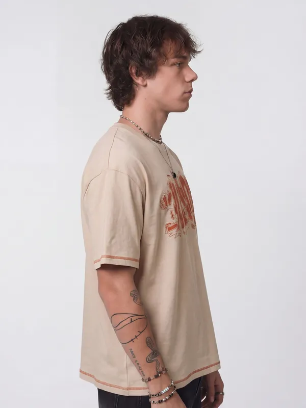 Highlander Men Beige Embroidered Round Neck T-Shirt