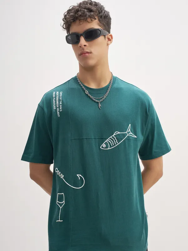 Highlander Men Teal Embroidered Round Neck T-Shirt