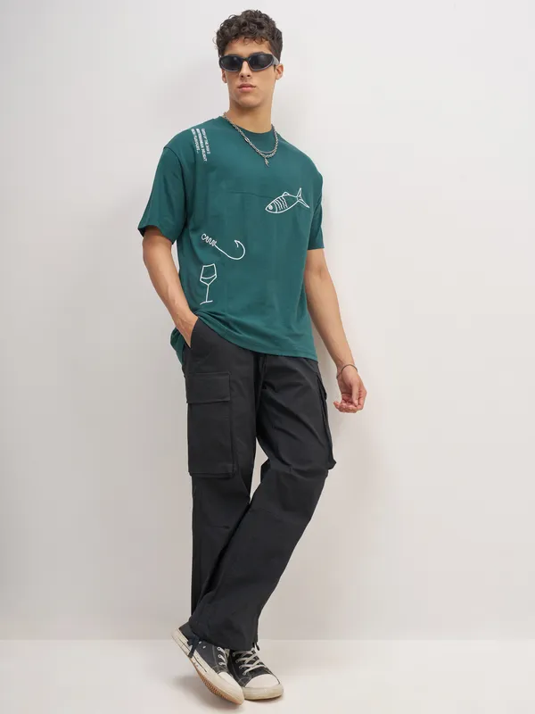 Highlander Men Teal Embroidered Round Neck T-Shirt