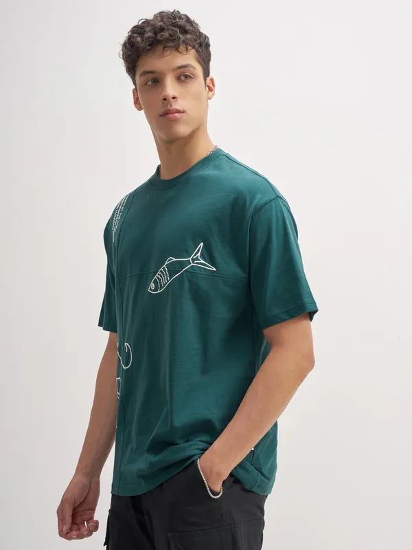 Highlander Men Teal Embroidered Round Neck T-Shirt
