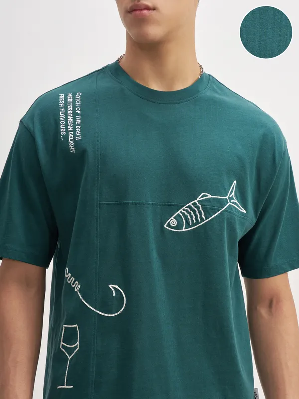 Highlander Men Teal Embroidered Round Neck T-Shirt