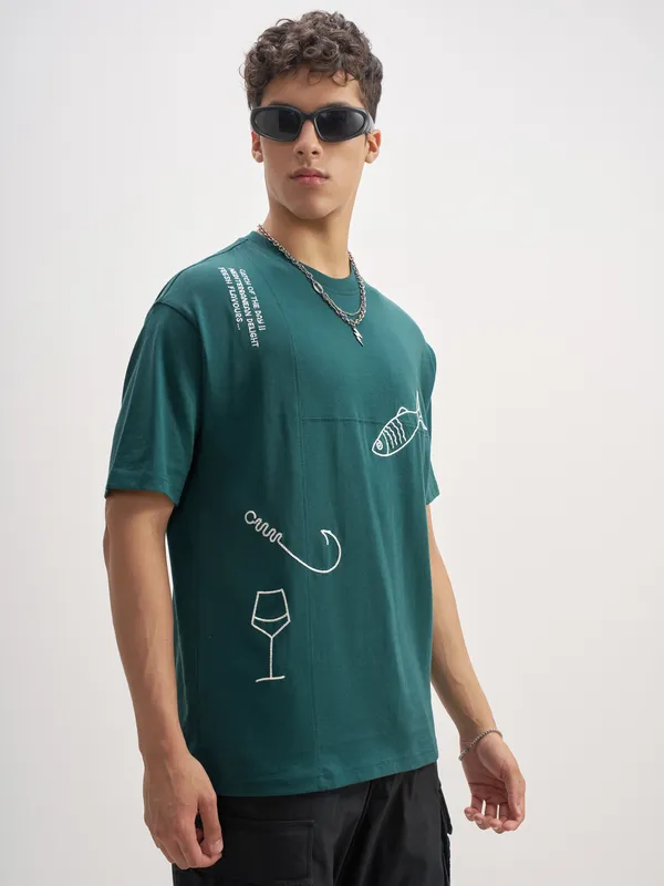 Highlander Men Teal Embroidered Round Neck T-Shirt