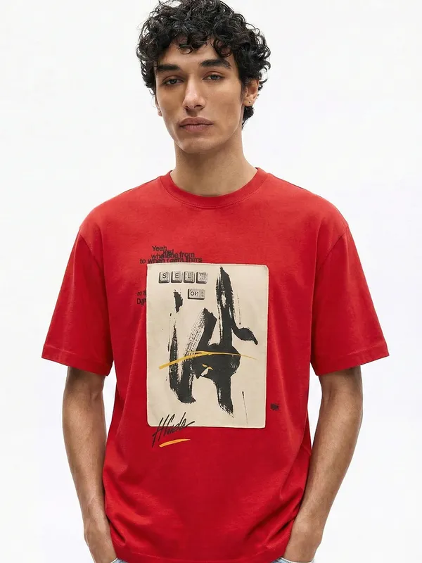 Highlander Men Red Printed Round Neck T-Shirt