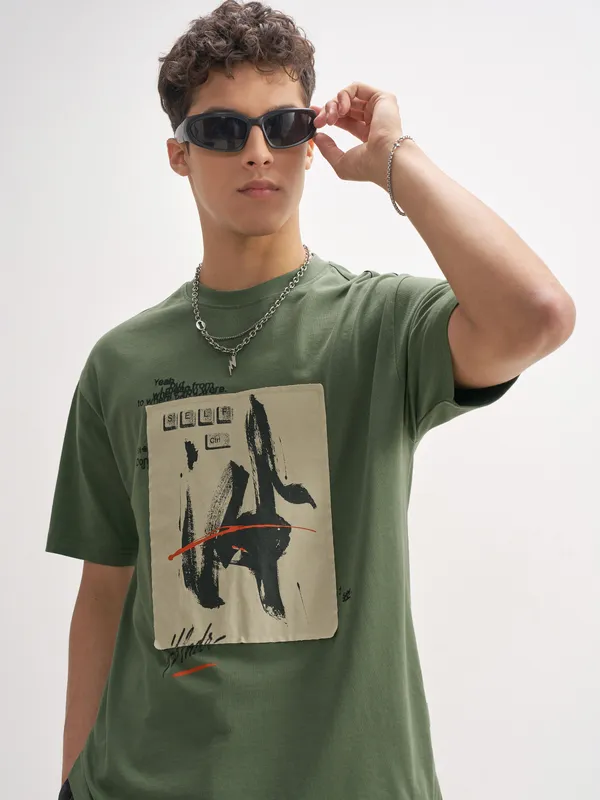 Highlander Men Olive Printed Round Neck T-Shirt