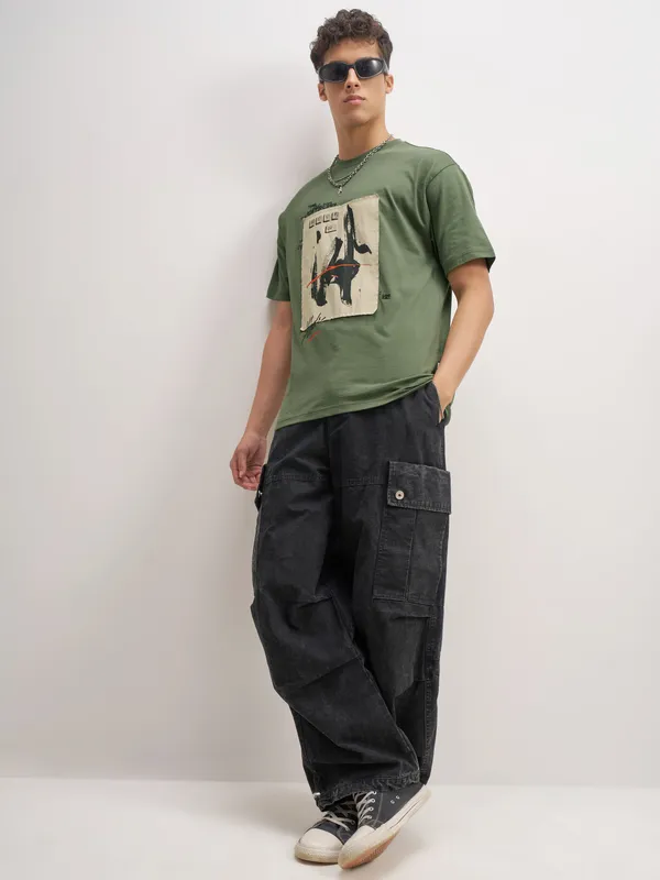 Highlander Men Olive Printed Round Neck T-Shirt