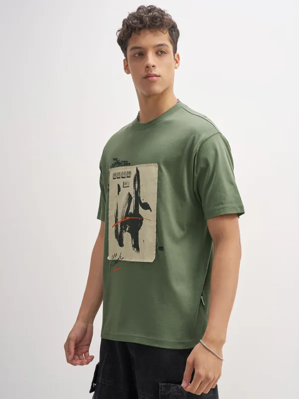 Highlander Men Olive Printed Round Neck T-Shirt
