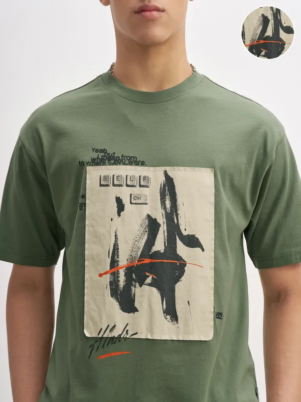 Highlander Men Olive Printed Round Neck T-Shirt