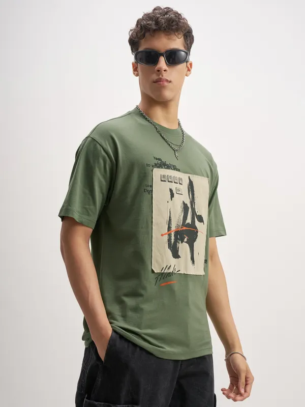 Highlander Men Olive Printed Round Neck T-Shirt
