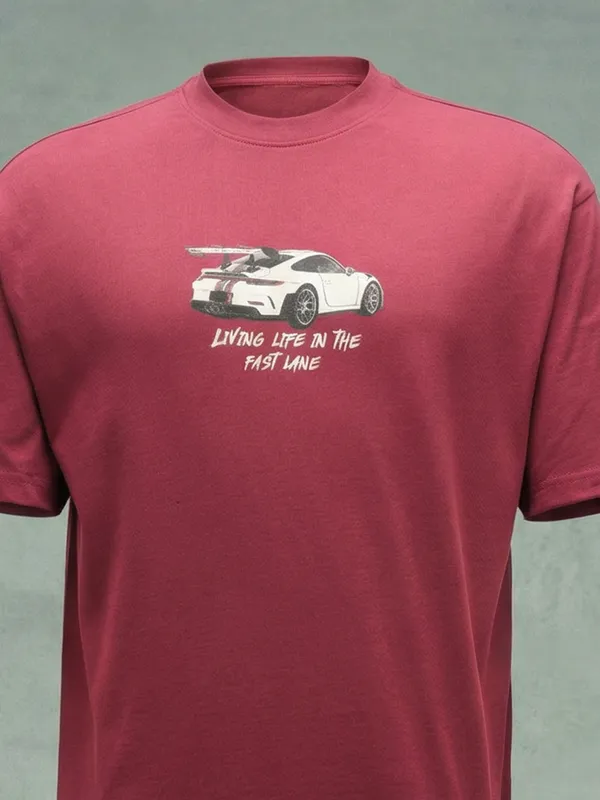 Highlander Men Maroon Printed Round Neck T-Shirt