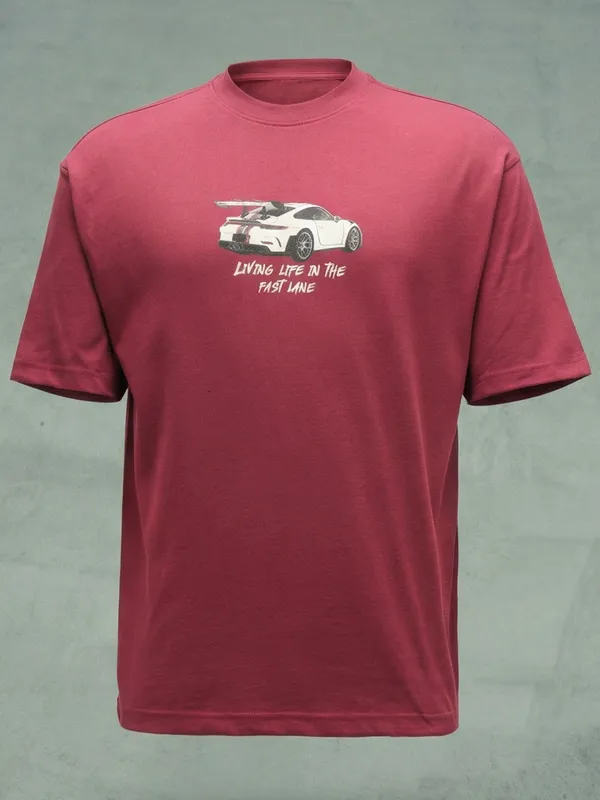 Highlander Men Maroon Printed Round Neck T-Shirt