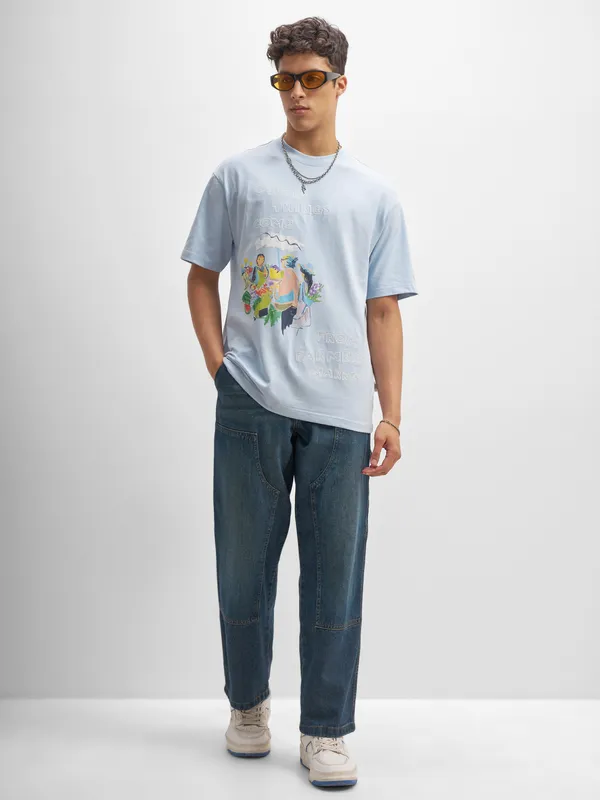 Highlander Men Blue Printed Round Neck T-Shirt