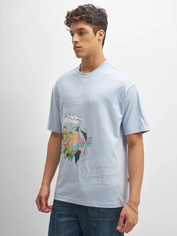 Highlander Men Blue Printed Round Neck T-Shirt