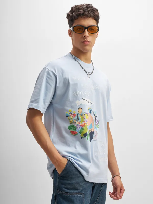 Highlander Men Blue Printed Round Neck T-Shirt