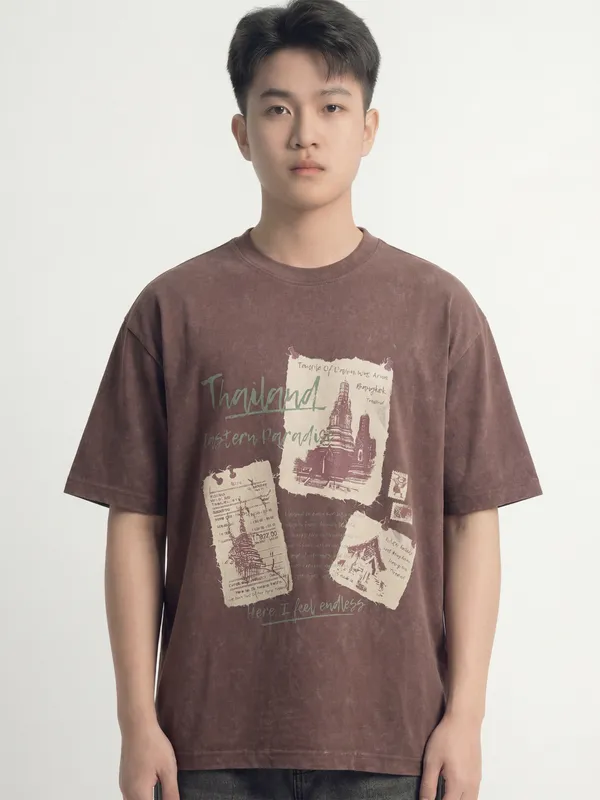 Highlander Men Brown Printed Round Neck T-Shirt