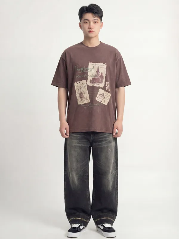 Highlander Men Brown Printed Round Neck T-Shirt