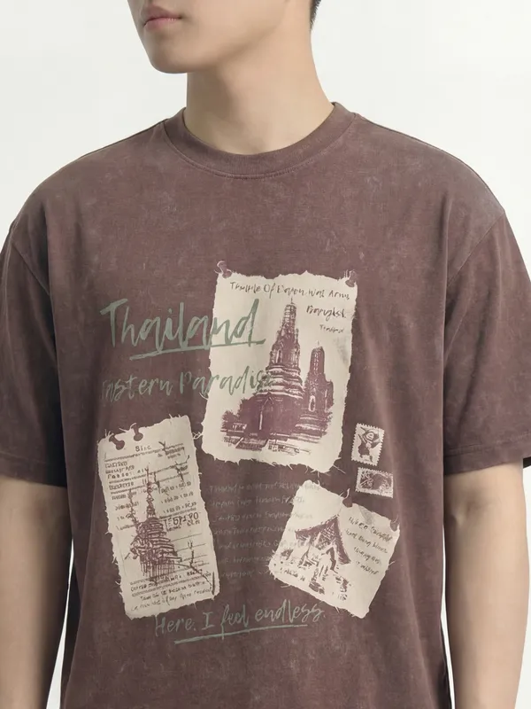 Highlander Men Brown Printed Round Neck T-Shirt