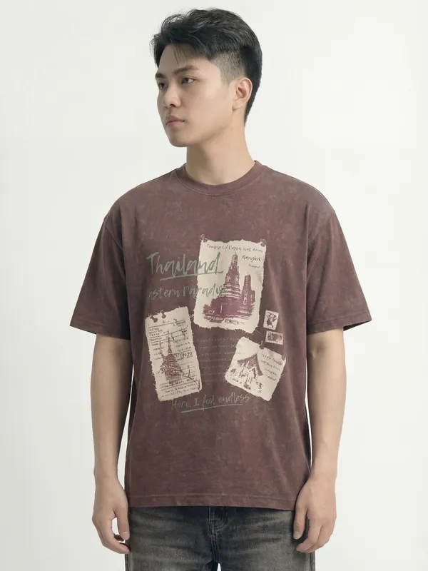 Highlander Men Brown Printed Round Neck T-Shirt