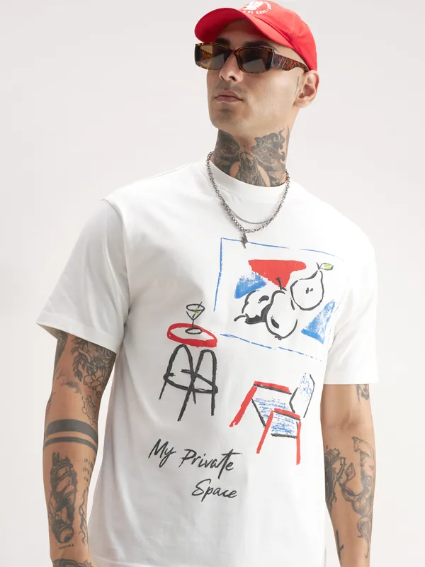 Highlander Men White Printed Round Neck T-Shirt