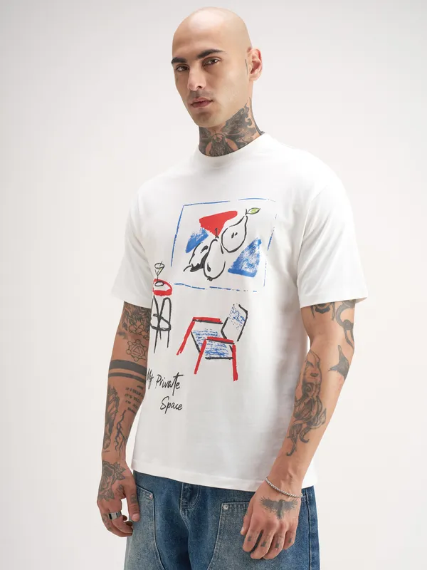 Highlander Men White Printed Round Neck T-Shirt