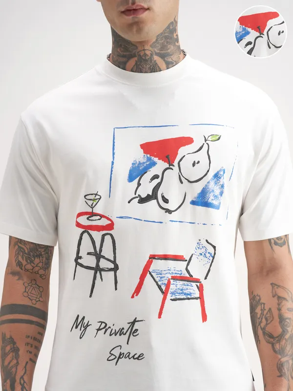 Highlander Men White Printed Round Neck T-Shirt