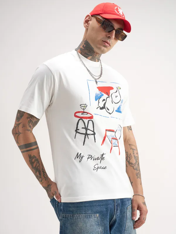 Highlander Men White Printed Round Neck T-Shirt