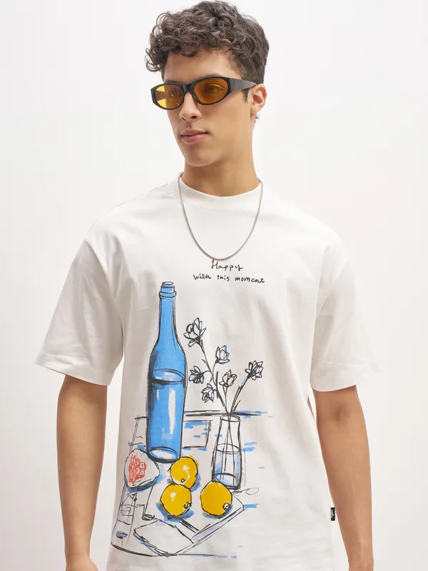 Highlander Men White Printed Round Neck T-Shirt