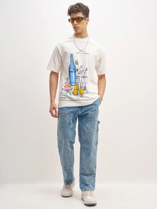 Highlander Men White Printed Round Neck T-Shirt