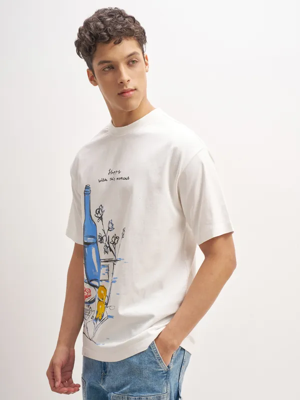 Highlander Men White Printed Round Neck T-Shirt