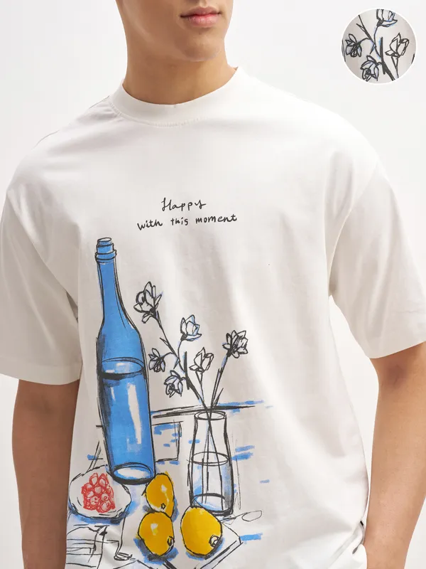 Highlander Men White Printed Round Neck T-Shirt