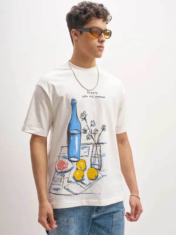 Highlander Men White Printed Round Neck T-Shirt