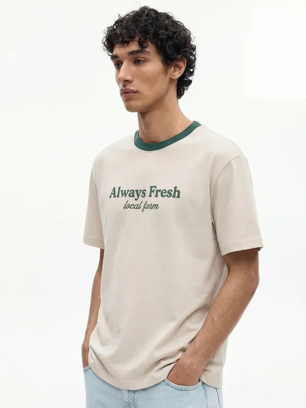 Highlander Men Beige Printed Round Neck T-Shirt