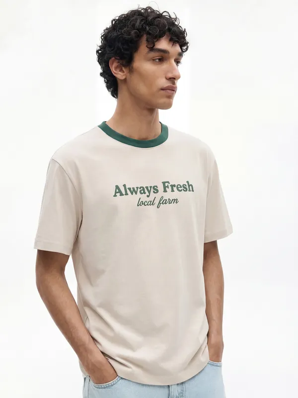 Highlander Men Beige Printed Round Neck T-Shirt