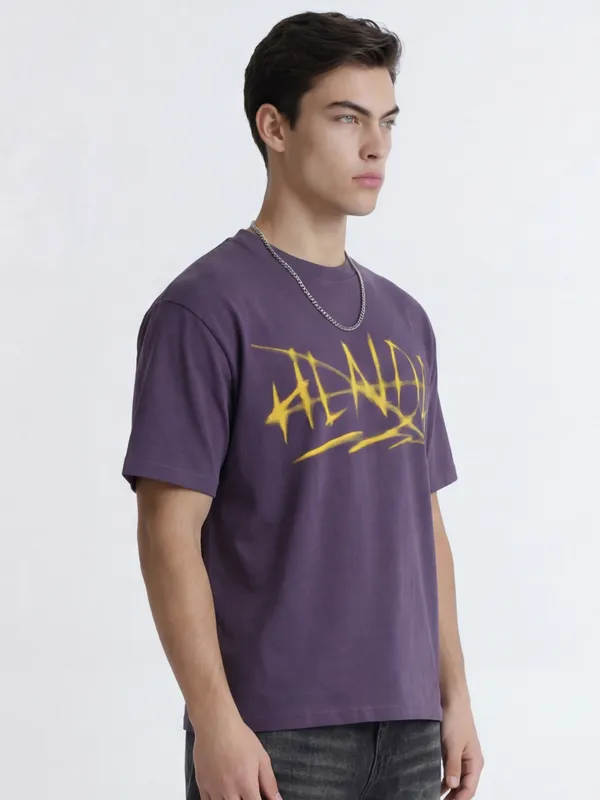 Highlander Men Purple Printed Round Neck T-Shirt