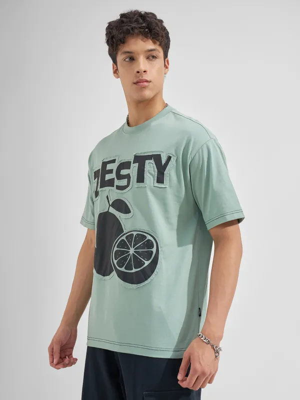 Highlander Men Green Applique Round Neck  T-Shirt