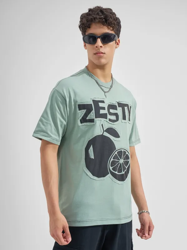 Highlander Men Green Applique Round Neck  T-Shirt