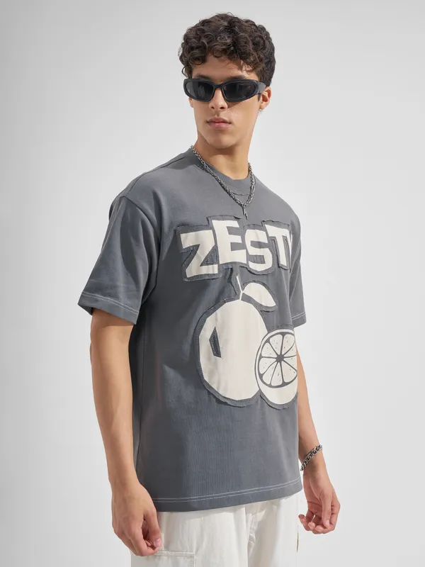 Men Applique Round Neck T-Shirt