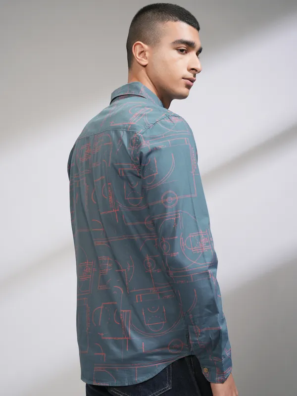  Highlander Men Blue Printed Slim Fit Casual Shirts