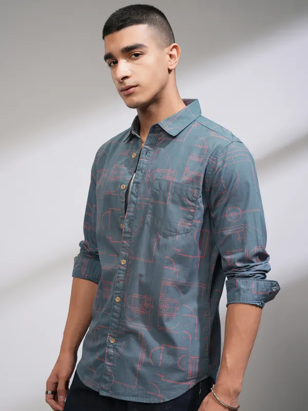  Highlander Men Blue Printed Slim Fit Casual Shirts