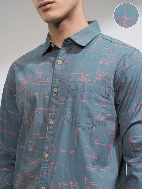  Highlander Men Blue Printed Slim Fit Casual Shirts