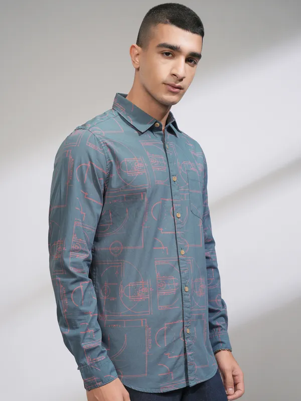  Highlander Men Blue Printed Slim Fit Casual Shirts