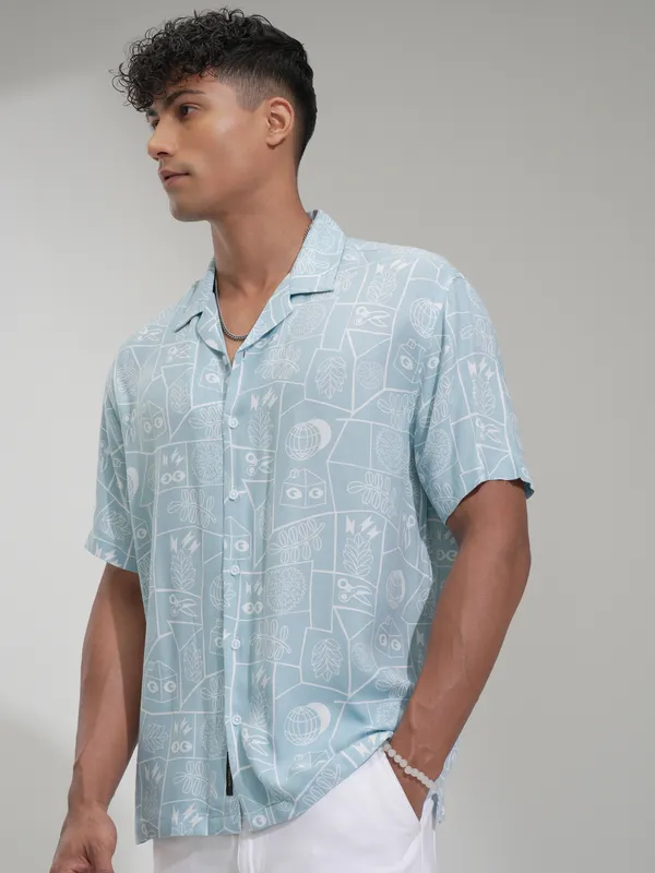Highlander Men Blue Printed Relaxed Fit Casual Shirt
