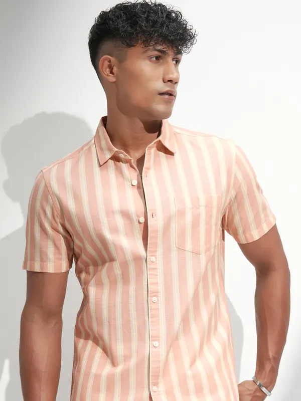 Highlander Men Peach Striped Regular Fit Casual Shirt
