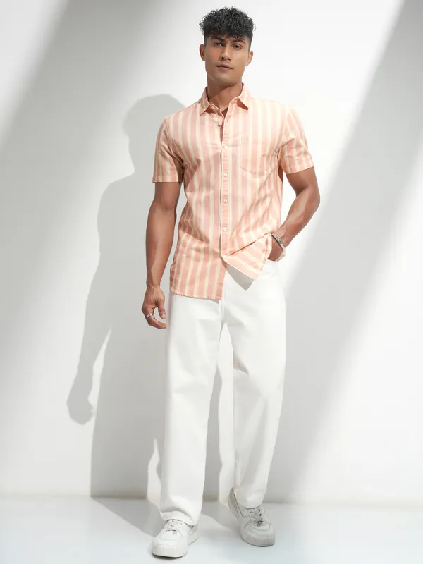 Highlander Men Peach Striped Regular Fit Casual Shirt