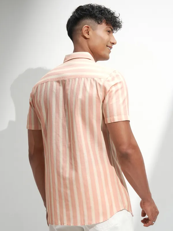 Highlander Men Peach Striped Regular Fit Casual Shirt