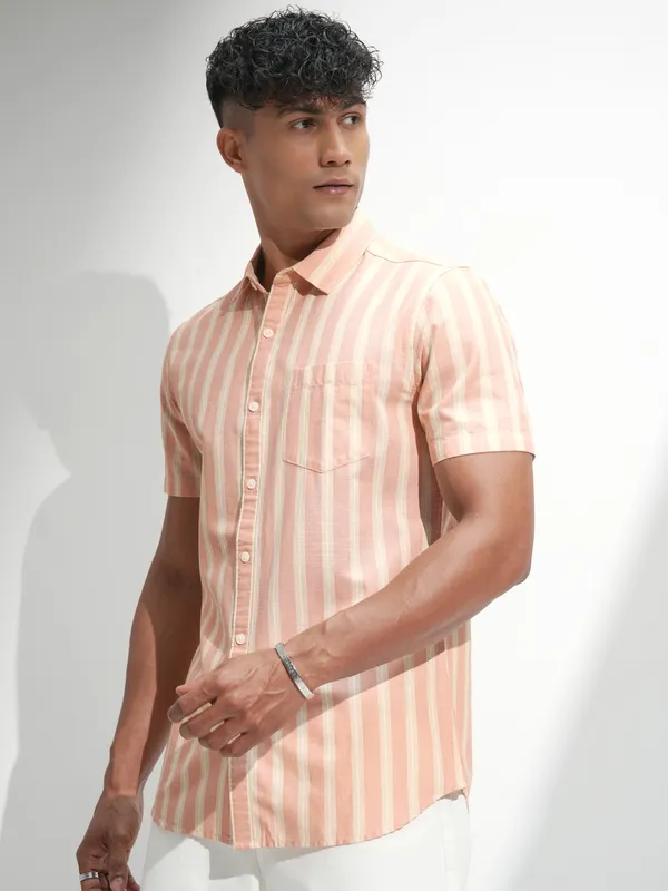 Highlander Men Peach Striped Regular Fit Casual Shirt