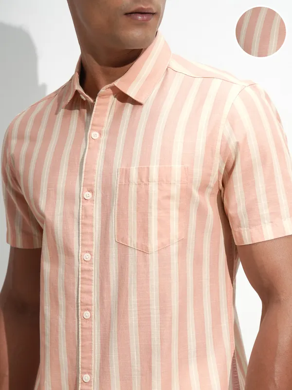 Highlander Men Peach Striped Regular Fit Casual Shirt